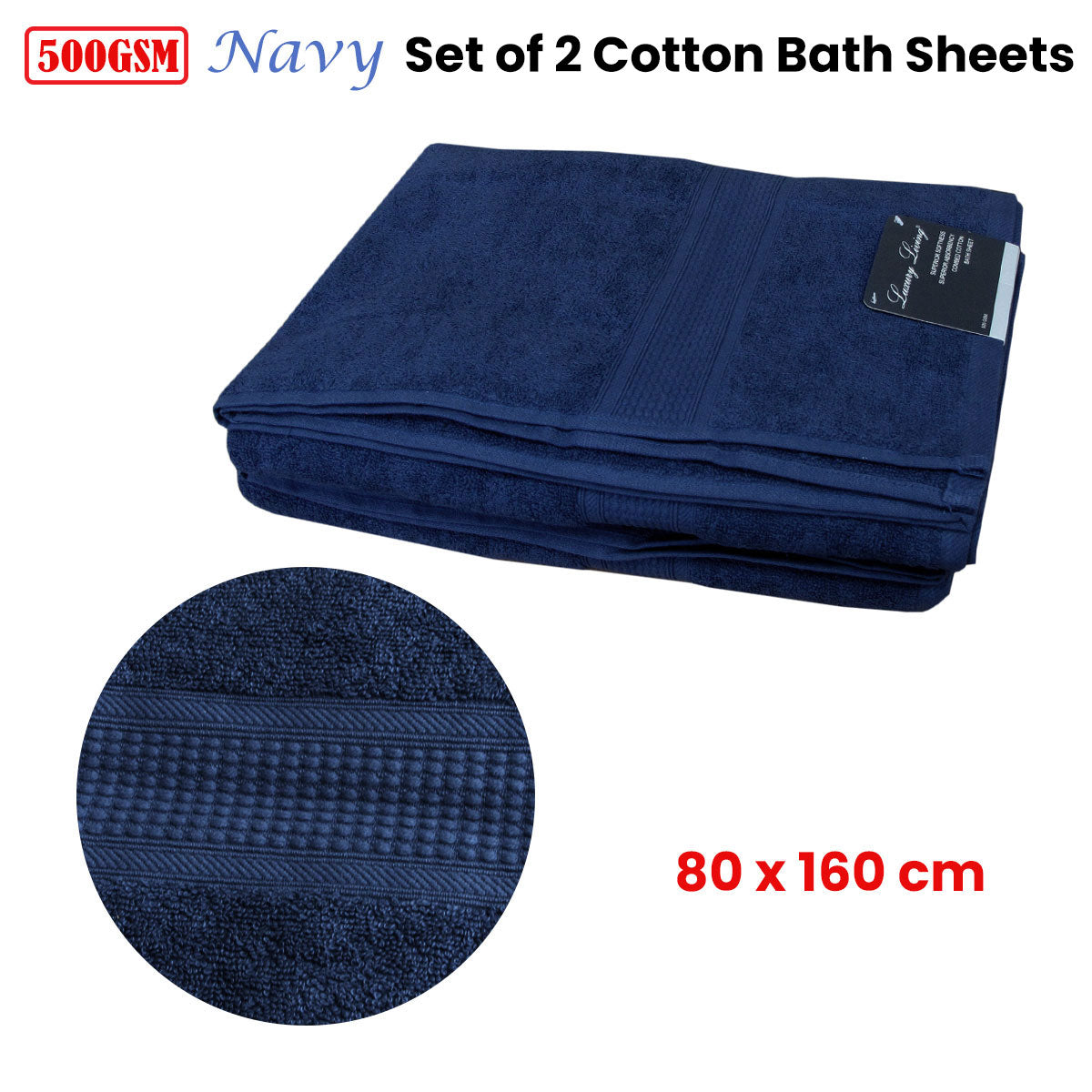 500GSM Set of 2 100% Cotton Bath Sheet Navy 80 x 160 cm - Home & Garden > Bathroom Accessories - Zanlana Design and Home Decor