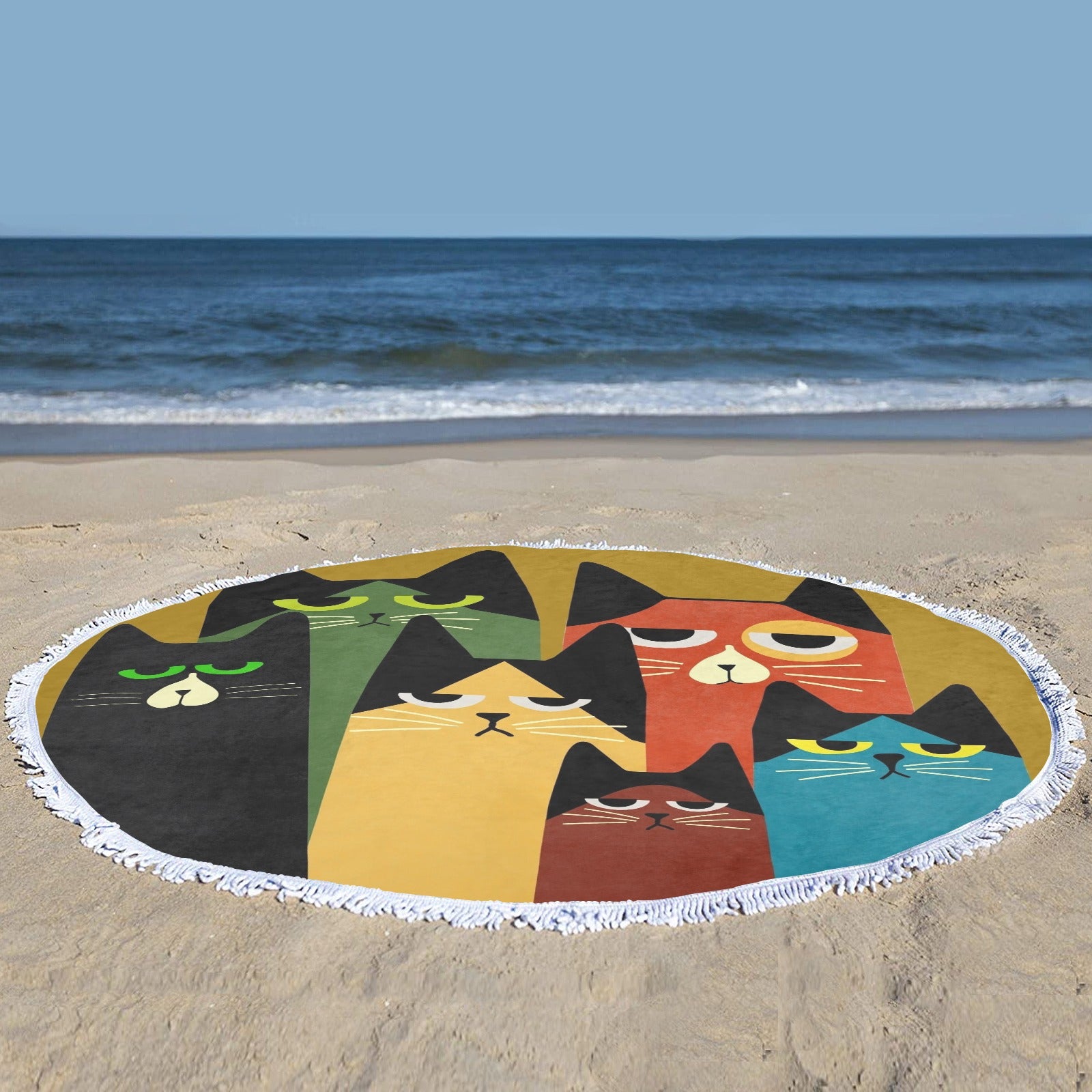 Funky Cartoon Cats Circular Beach Shawl Towel 59"x 59" - Circular Beach Shawl Towel 59"x 59" - Zanlana Design and Home Decor