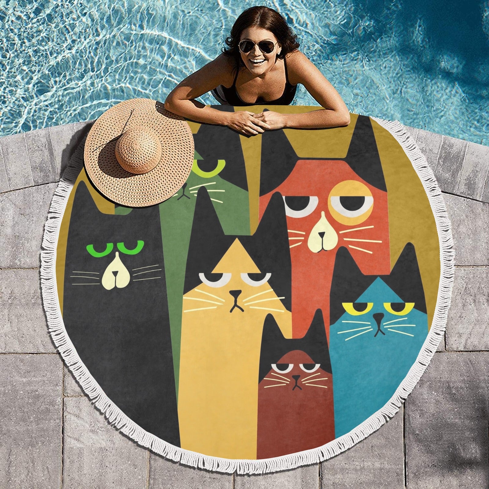 Funky Cartoon Cats Circular Beach Shawl Towel 59"x 59" - Circular Beach Shawl Towel 59"x 59" - Zanlana Design and Home Decor