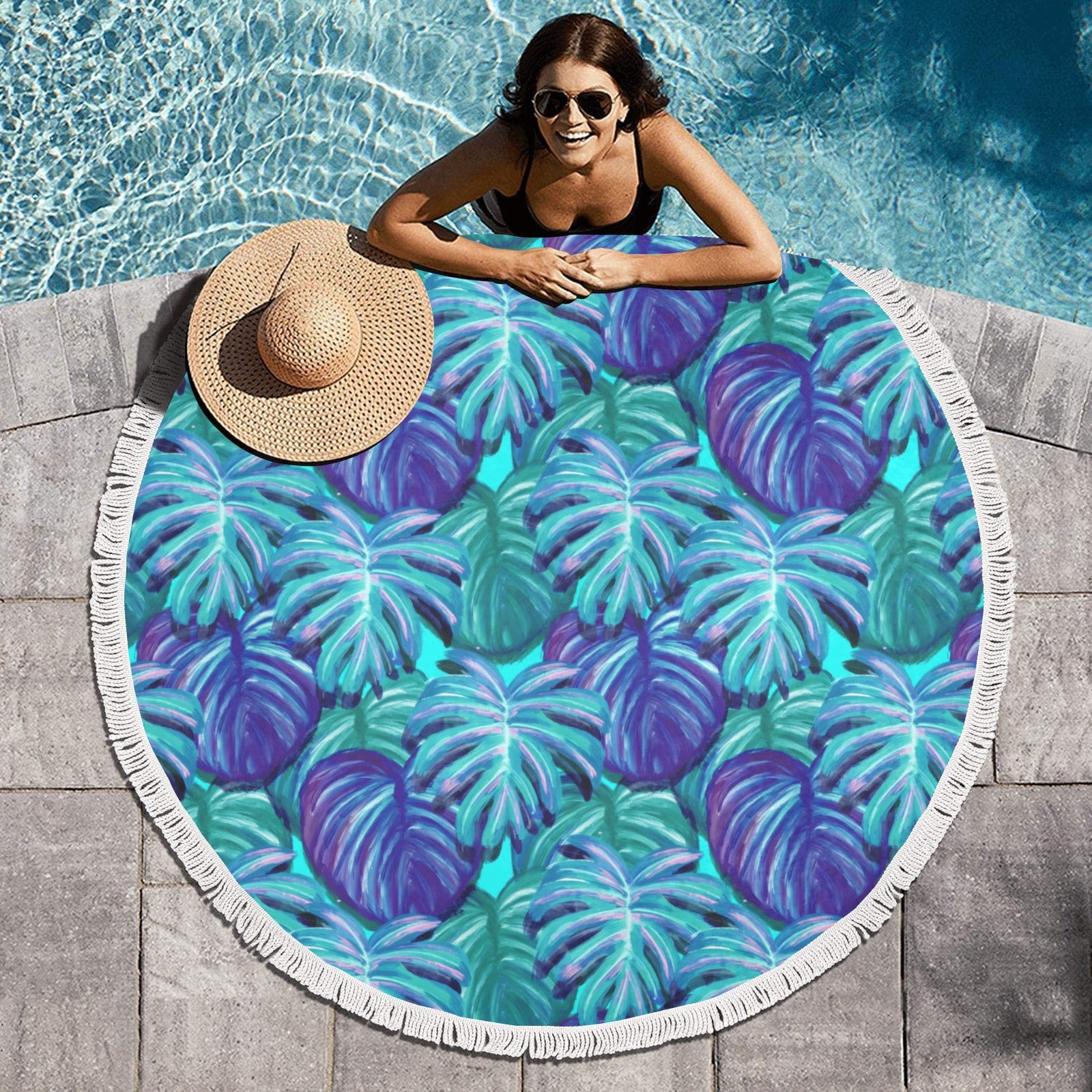 Tropical Blues Circular Beach Shawl Towel 59"x 59" - Circular Beach Shawl Towel 59"x 59" - Zanlana Design and Home Decor