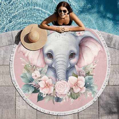Elephant Elegance: Enchanting Floral Haven with Adorable Elephant Illustration Circular Beach Shawl Towel 59"x 59" - Circular Beach Shawl Towel 59"x 59" - Zanlana Design and Home Decor