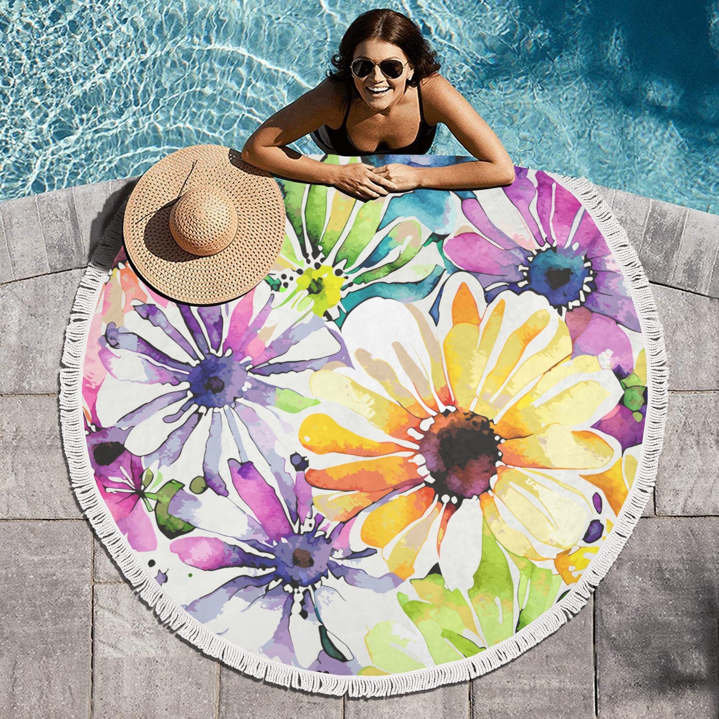 Blooms & Breezes: Floral Garden Circular Beach Shawl Towel 59"x 59" - Circular Beach Shawl Towel 59"x 59" - Zanlana Design and Home Decor