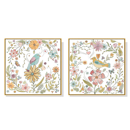 Wall Art 50cmx50cm Floral birds 2 Sets Gold Frame Canvas - Home & Garden > Wall Art - Zanlana Design and Home Decor