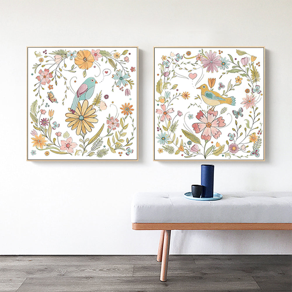 Wall Art 50cmx50cm Floral birds 2 Sets Gold Frame Canvas - Home & Garden > Wall Art - Zanlana Design and Home Decor