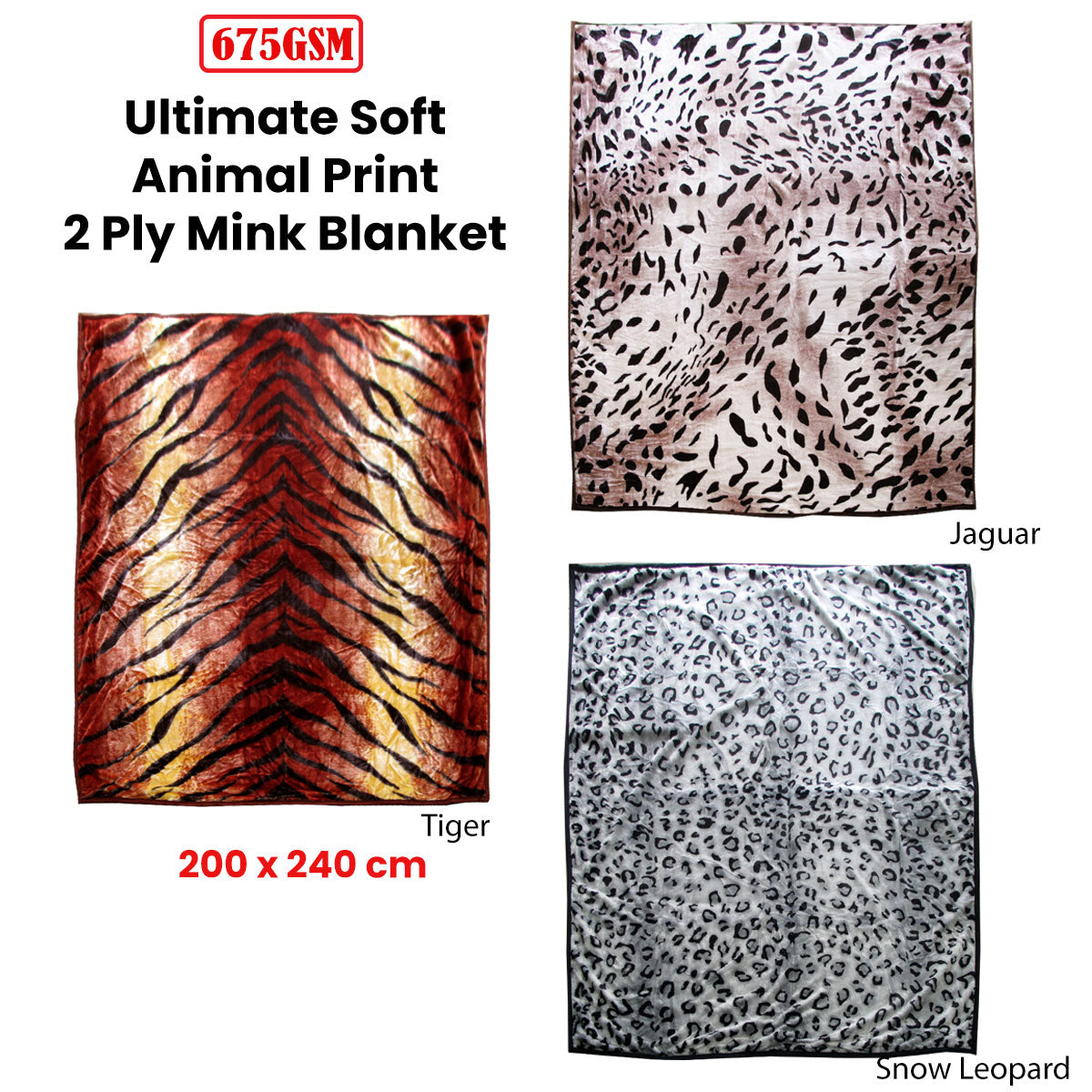 675gsm 2 Ply Animal Print Faux Mink Blanket Queen 200x240 cm Jaguar - Home & Garden > Bedding - Zanlana Design and Home Decor