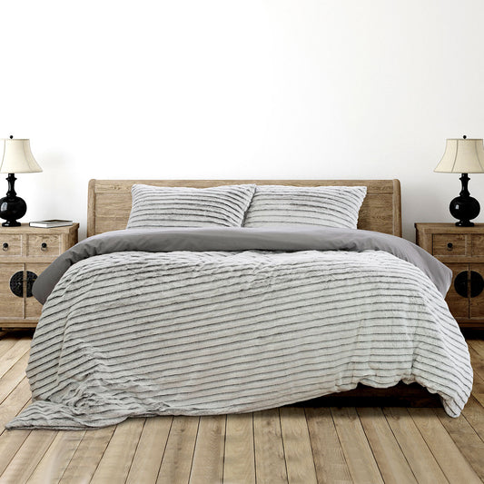 Ardor Striped Faux Fur Grey Super Soft Quilt Cover Set Queen - Home & Garden > Bedding - Zanlana Design and Home Decor