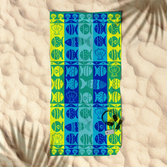 Rans Premium Cotton Jacquard Beach Towel Fish & Shell Blue - Beach Towels - Zanlana Design and Home Decor
