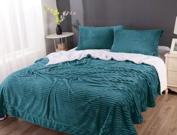 stripe flannel sherpa blanket king  teal - Home & Garden > Bedding - Zanlana Design and Home Decor