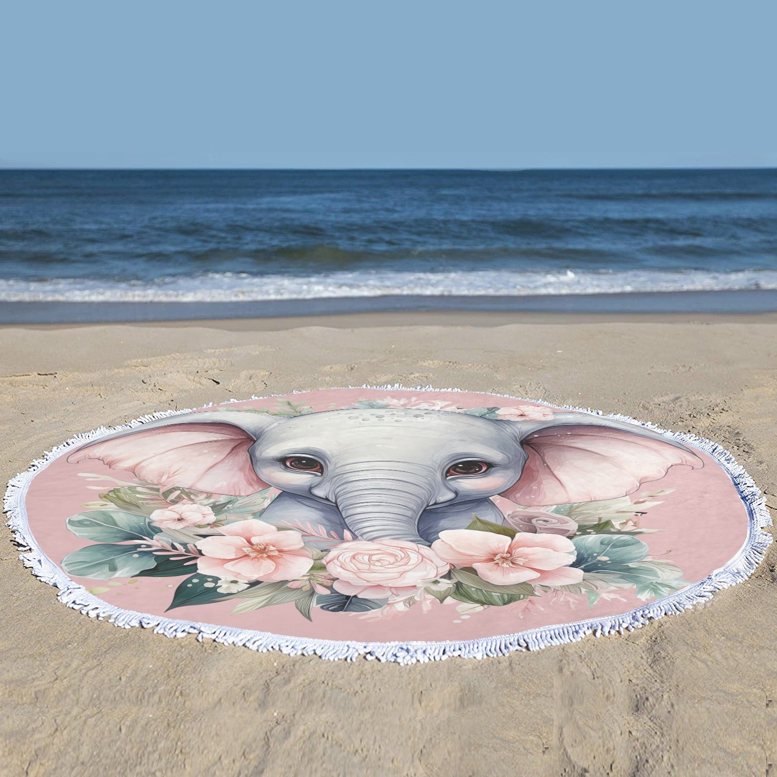 Elephant Elegance: Enchanting Floral Haven with Adorable Elephant Illustration Circular Beach Shawl Towel 59"x 59" - Circular Beach Shawl Towel 59"x 59" - Zanlana Design and Home Decor