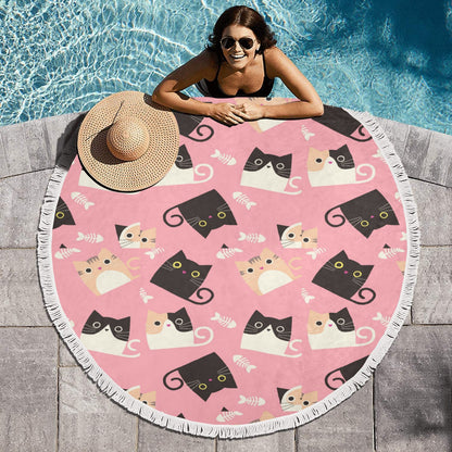 Cartoon Cats Circular Beach Shawl Towel 59"x 59" - Circular Beach Shawl Towel 59"x 59" - Zanlana Design and Home Decor