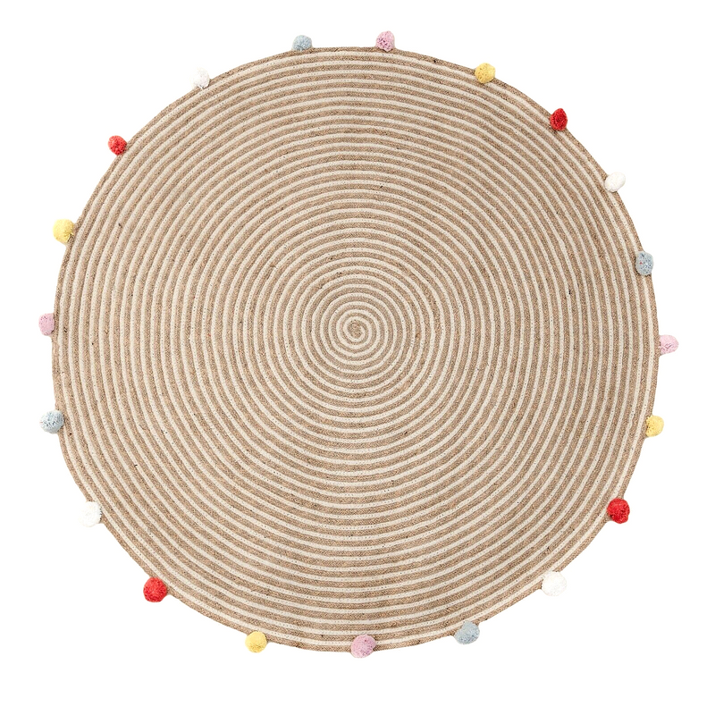 Round Woven Jute Cotton Multicolour Pompom Rug 120 cm - Home & Garden > Rugs - Zanlana Design and Home Decor