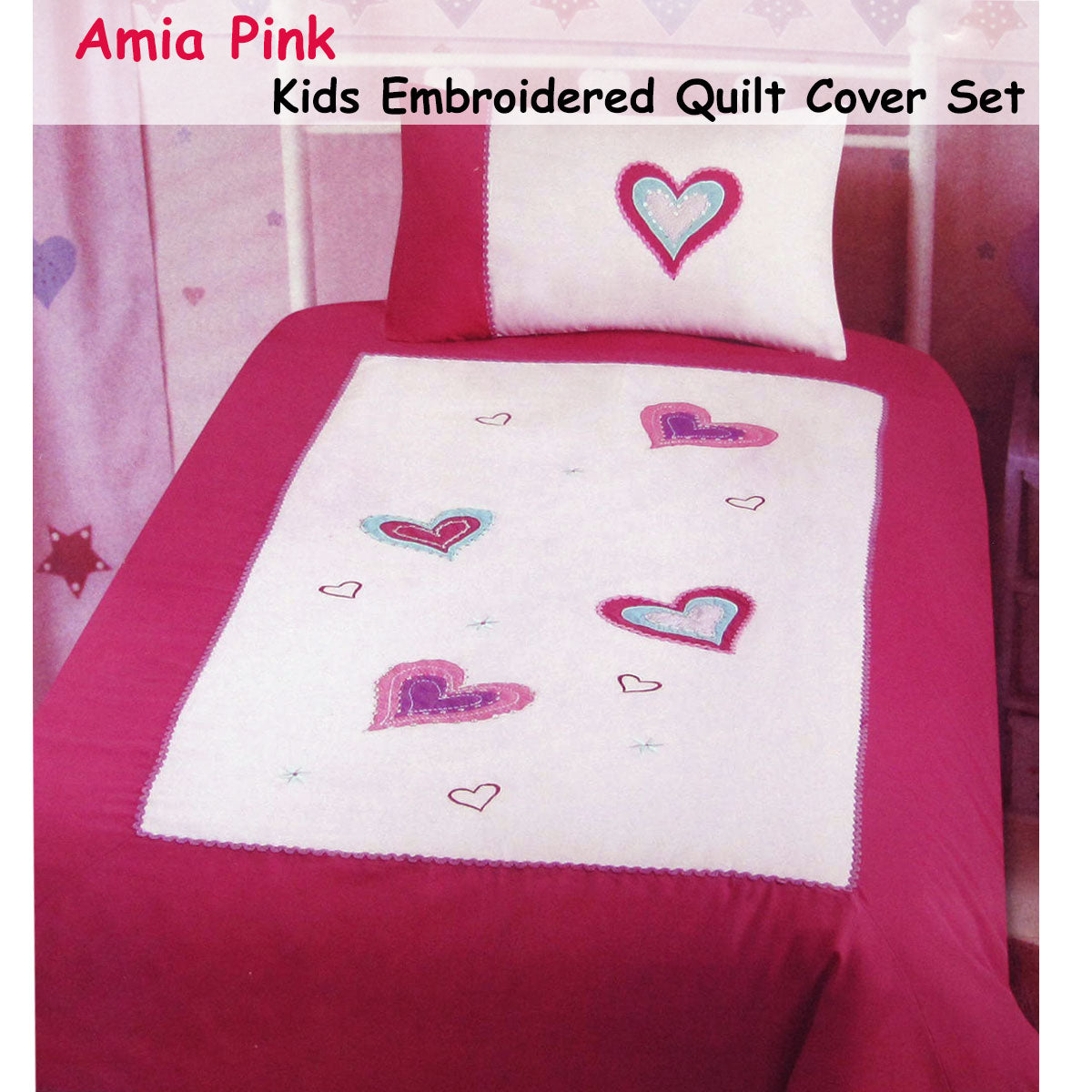 Amia Hearts Embroidered Quilt Cover Set Single - Home & Garden > Bedding - Zanlana Design and Home Decor