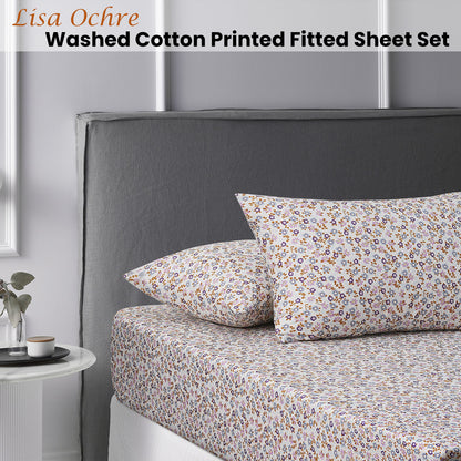 Accessorize Lisa Ochre Washed Cotton Printed Fitted Sheet Set Double - Home & Garden > Bedding - Zanlana Design and Home Decor