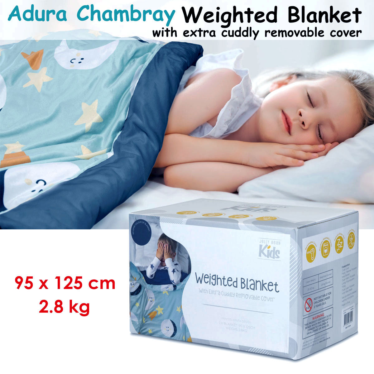 Jelly Bean Kids Adura Chambray Kids Weighted Blanket with Extra Cuddly Removable Cover 2.8kg 95 x 125 cm - Home & Garden > Bedding - Zanlana Design and Home Decor