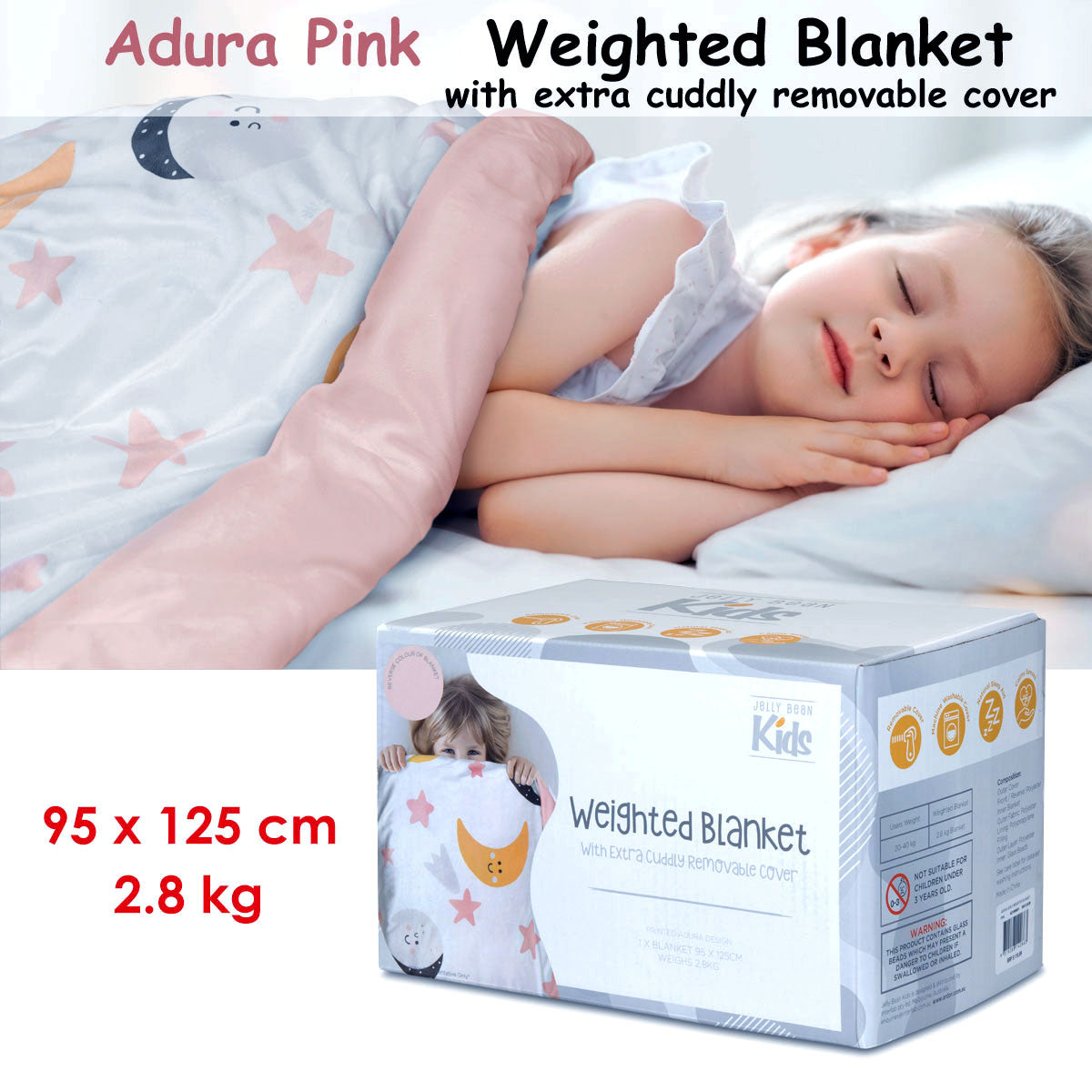 Jelly Bean Kids Adura Pink Kids Weighted Blanket with Extra Cuddly Removable Cover 2.8kg 95 x 125 cm - Home & Garden > Bedding - Zanlana Design and Home Decor