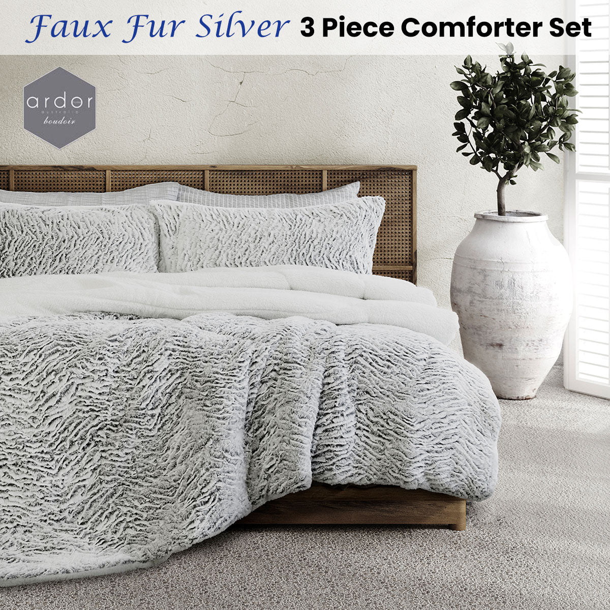 Ardor Faux Fur Silver 3 Piece Comforter Set Single/Double - Home & Garden > Bedding - Zanlana Design and Home Decor