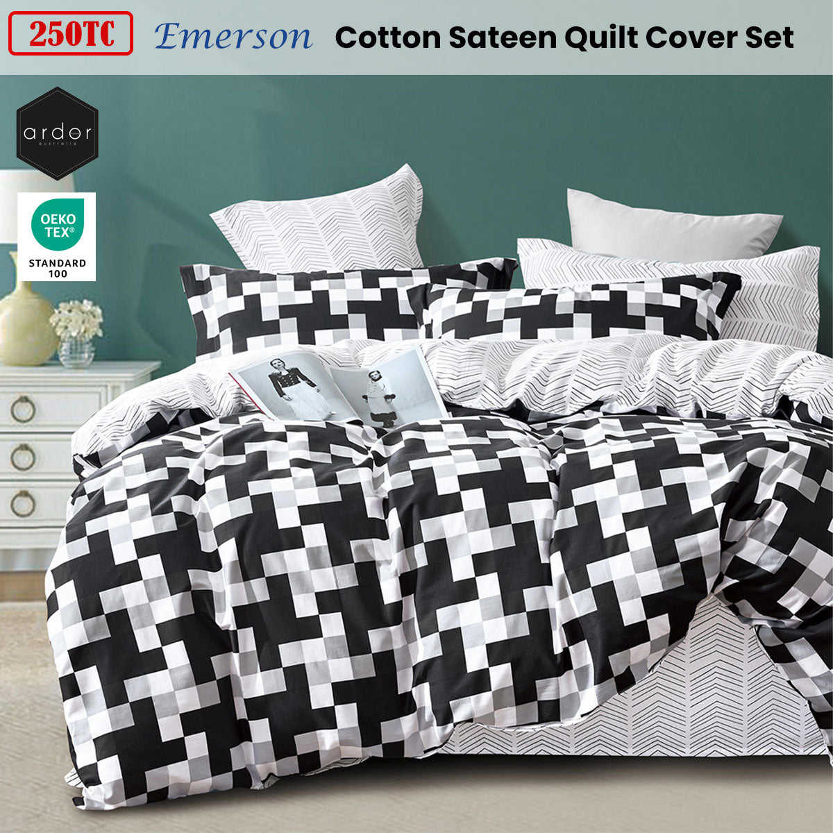 Ardor 250TC Emerson Geometric Cotton Sateen Quilt Cover Set Queen - Home & Garden > Bedding - Zanlana Design and Home Decor