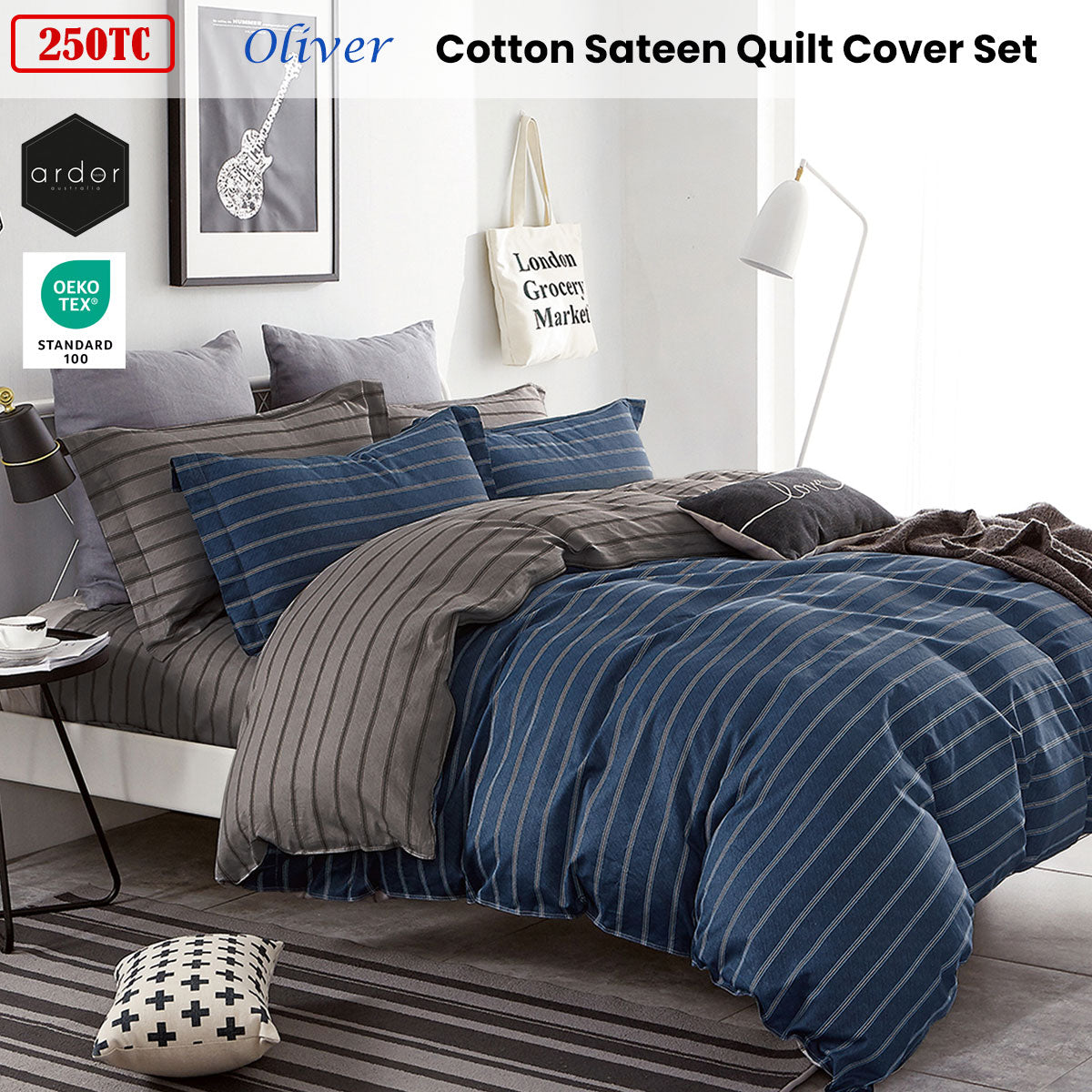 Ardor 250TC Oliver Stripes Cotton Sateen Quilt Cover Set Queen - Home & Garden > Bedding - Zanlana Design and Home Decor