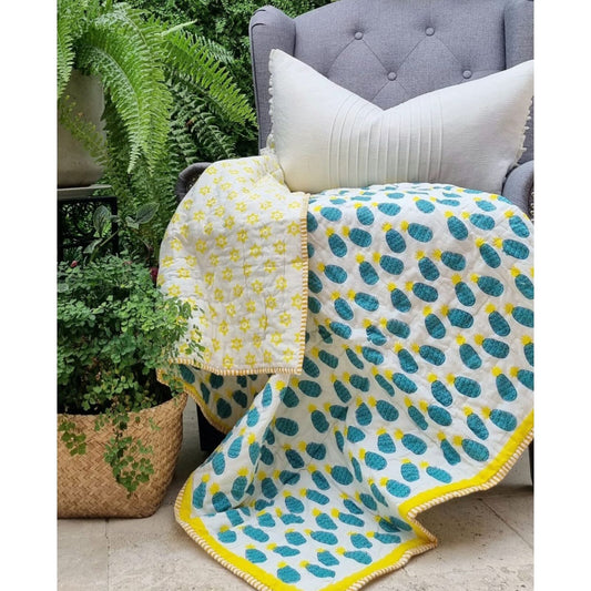 GOTS Certified Organic Cotton Reversible Baby Quilt (100x120cm) - Blue Pineapple - Baby & Kids > Baby & Kids Others - Zanlana Design and Home Decor