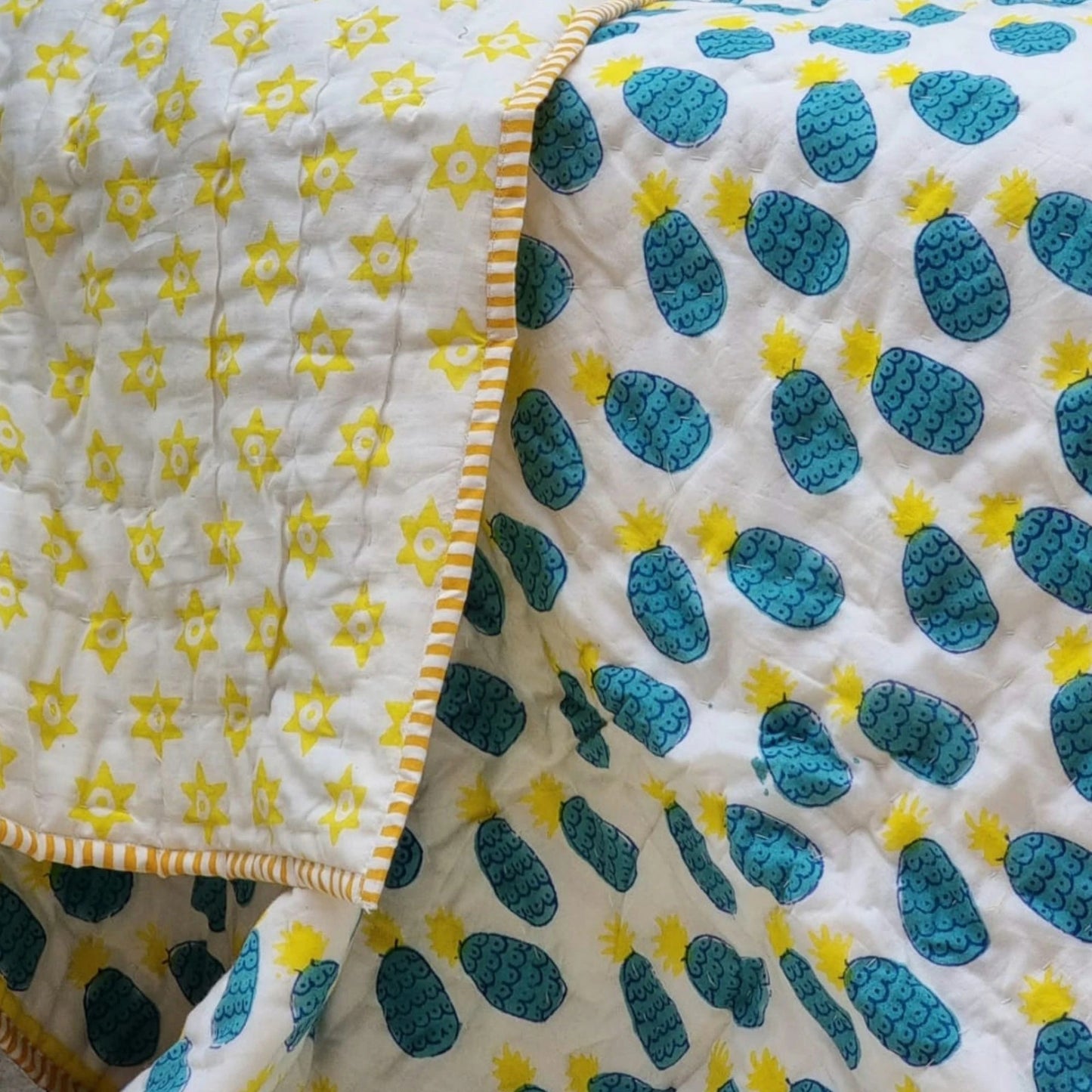 GOTS Certified Organic Cotton Reversible Baby Quilt (100x120cm) - Blue Pineapple - Baby & Kids > Baby & Kids Others - Zanlana Design and Home Decor