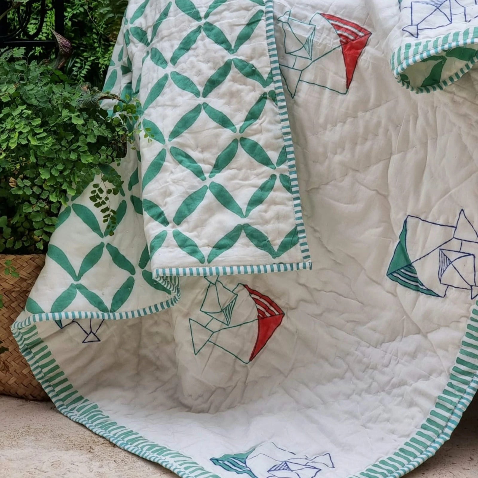 GOTS Certified Organic Cotton Reversible Baby Quilt (100x120cm) - Pretty Kites (Green) - Baby & Kids > Baby & Kids Others - Zanlana Design and Home Decor