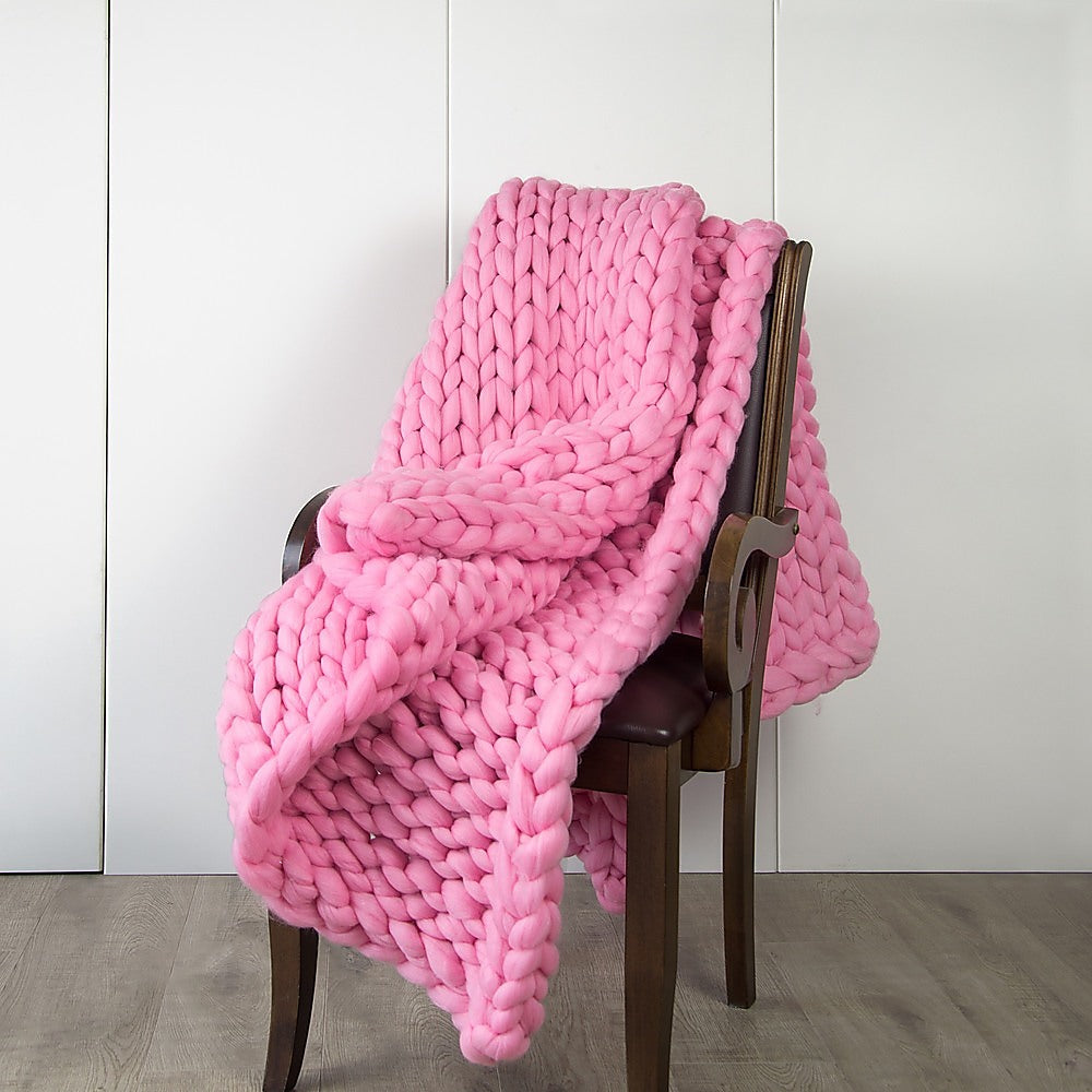 Hand Knitted Chunky Blanket Thick Acrylic Yarn Blanket Home Decor Throw Rug - Pink - Blankets - Zanlana Design and Home Decor